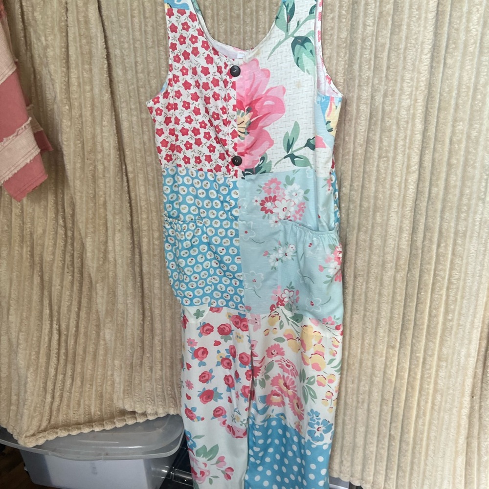 Girls Floral Patchwork Romper - Pink & Light Blue